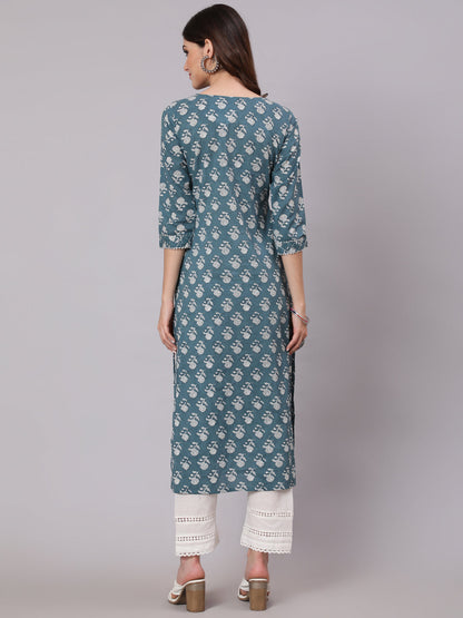 Women Grey Ethnic Printed Straight Kurta With Three Quarter Sleeves | LASVINI - Redefining Indian Fashion with Elegance