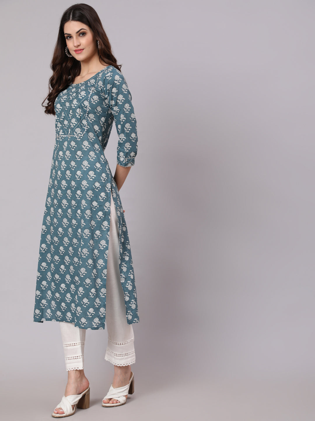 Women Grey Ethnic Printed Straight Kurta With Three Quarter Sleeves | LASVINI - Redefining Indian Fashion with Elegance