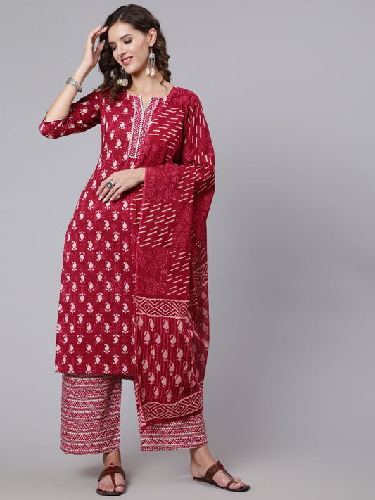 Women Burgundy Ethnic Motifs Printed Pure Cotton Kurta With Palazzos & Dupatta | LASVINI - Redefining Indian Fashion with Elegance