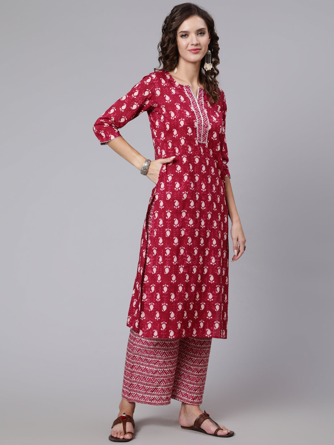 Women Burgundy Ethnic Motifs Printed Pure Cotton Kurta With Palazzos & Dupatta | LASVINI - Redefining Indian Fashion with Elegance