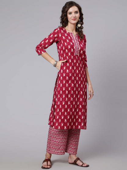 Women Burgundy Ethnic Motifs Printed Pure Cotton Kurta With Palazzos & Dupatta | LASVINI - Redefining Indian Fashion with Elegance