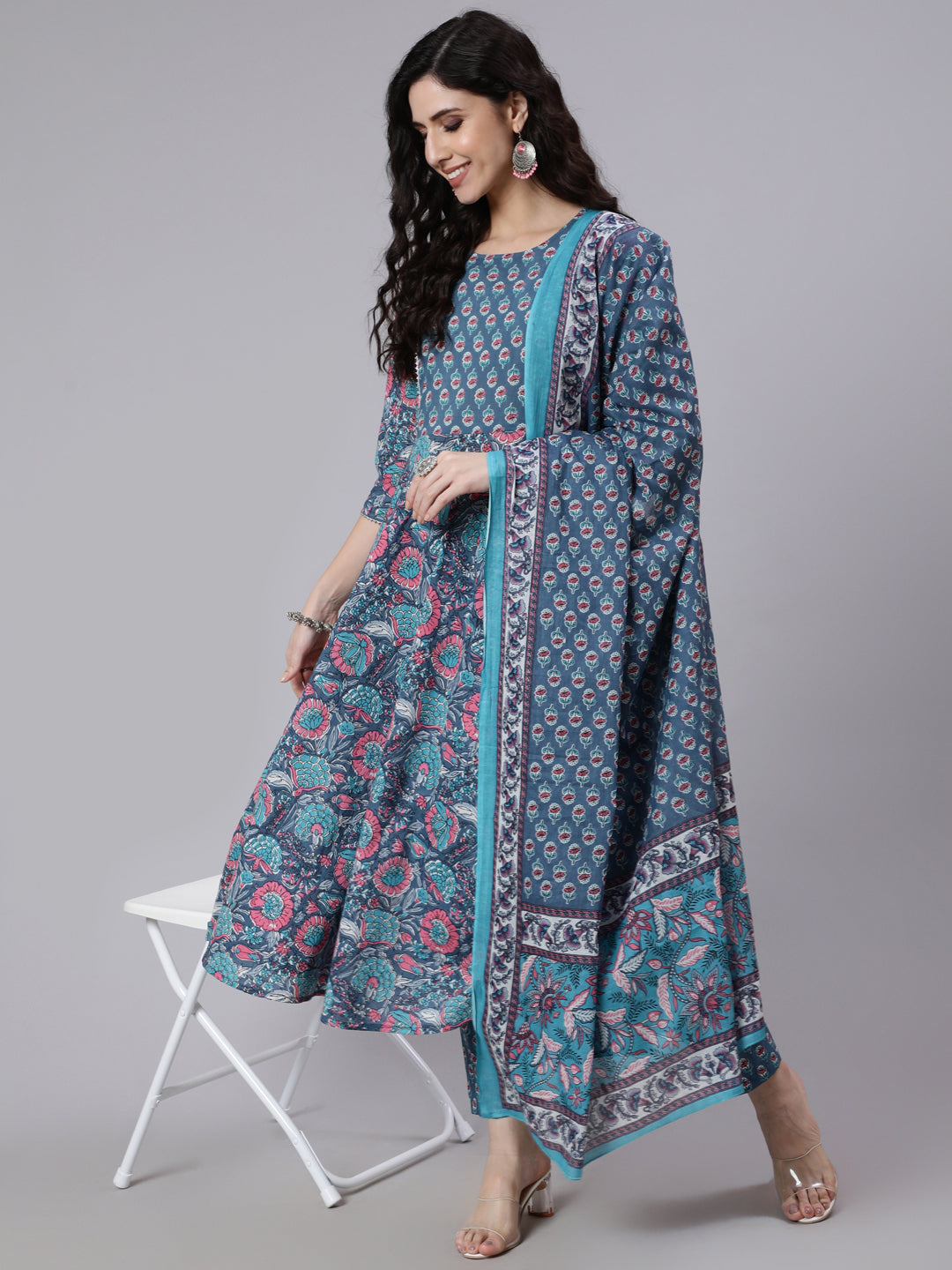 Women Blue Printed Flared Kurta With Trouser & Dupatta | LASVINI - Redefining Indian Fashion with Elegance