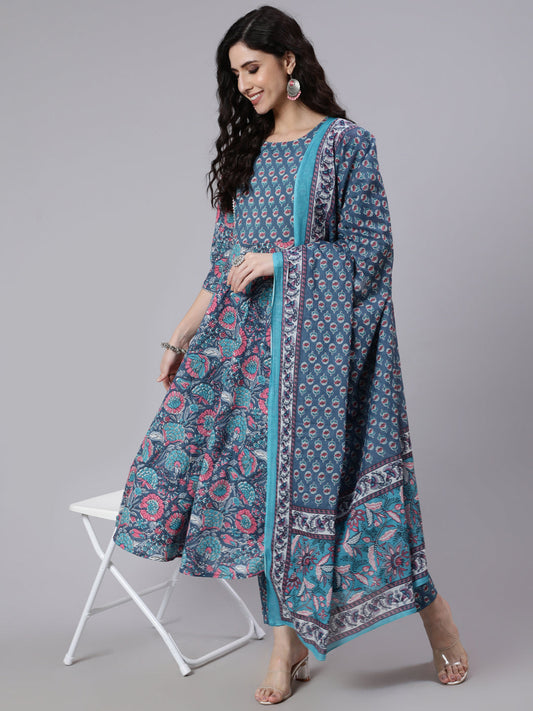 Women Blue Printed Flared Kurta With Trouser & Dupatta | LASVINI - Redefining Indian Fashion with Elegance