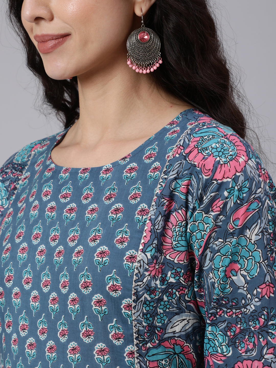 Women Blue Printed Flared Kurta With Trouser & Dupatta | LASVINI - Redefining Indian Fashion with Elegance