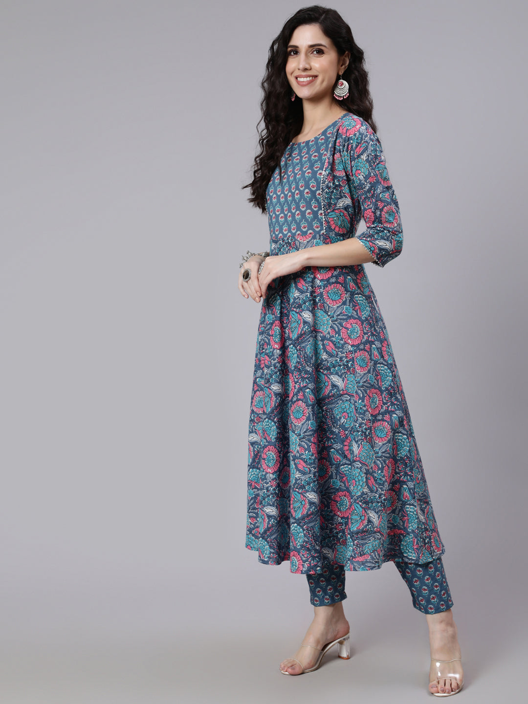 Women Blue Printed Flared Kurta With Trouser & Dupatta | LASVINI - Redefining Indian Fashion with Elegance