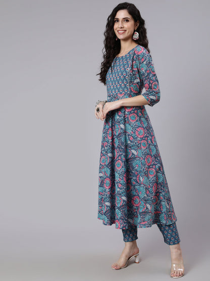 Women Blue Printed Flared Kurta With Trouser & Dupatta | LASVINI - Redefining Indian Fashion with Elegance