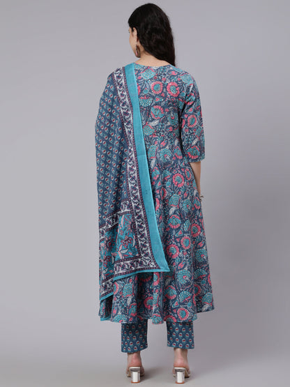 Women Blue Printed Flared Kurta With Trouser & Dupatta | LASVINI - Redefining Indian Fashion with Elegance