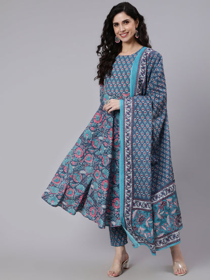 Women Blue Printed Flared Kurta With Trouser & Dupatta | LASVINI - Redefining Indian Fashion with Elegance
