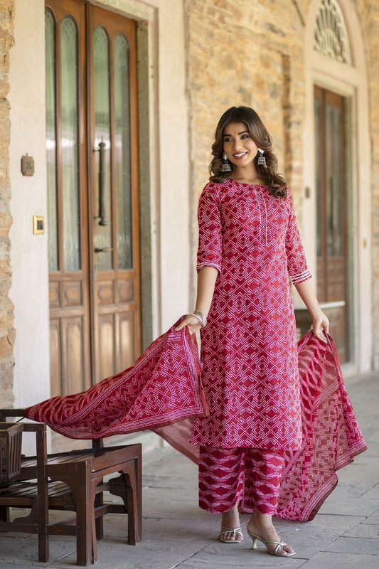 Women Red Bandhani Printed Straight Kurta With Palzzo And Dupatta | LASVINI - Redefining Indian Fashion with Elegance
