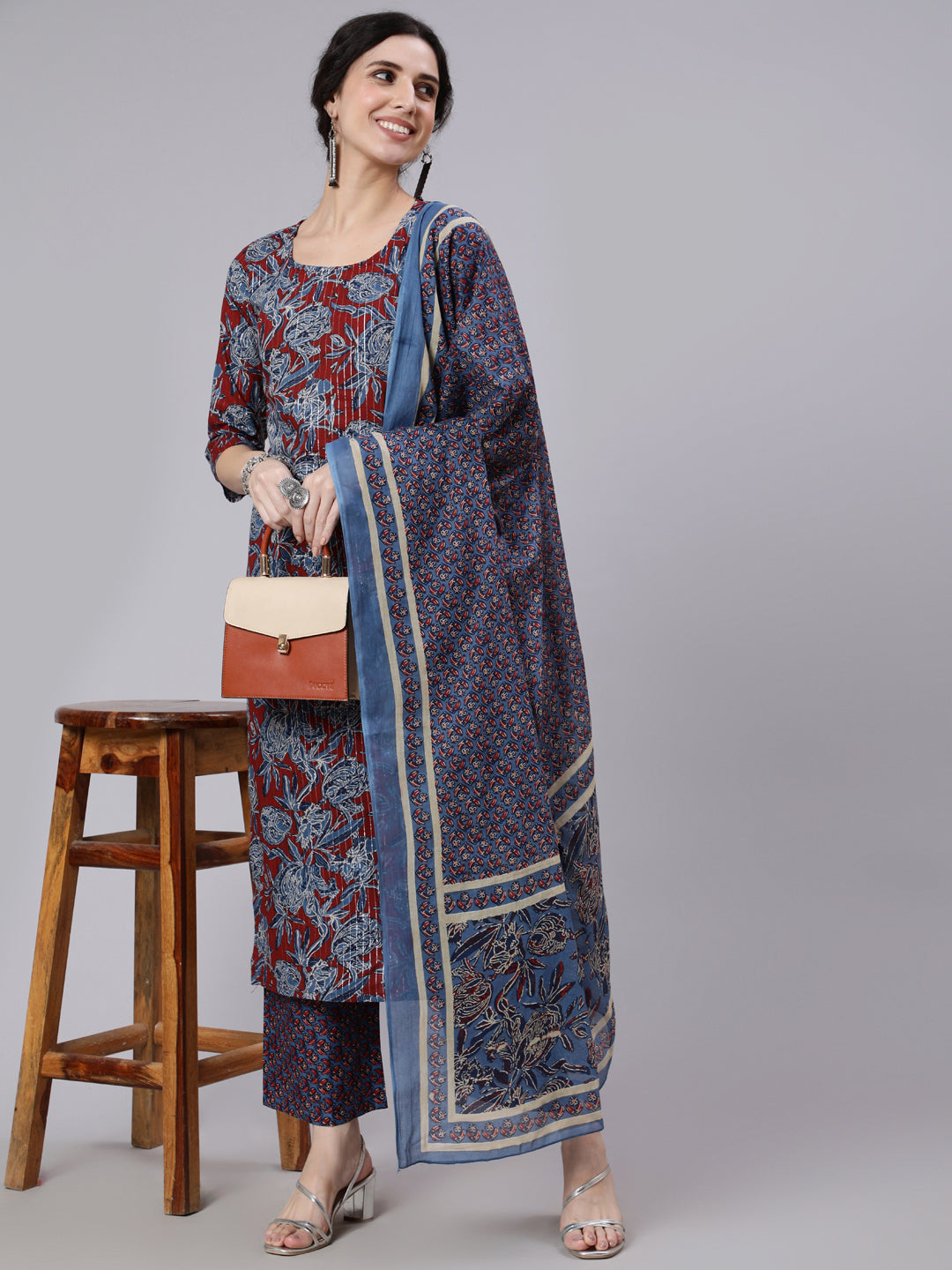 Women Maroon And Blue Floral Printed Straight Kurta And Palazzo With Palazzo | LASVINI - Redefining Indian Fashion with Elegance