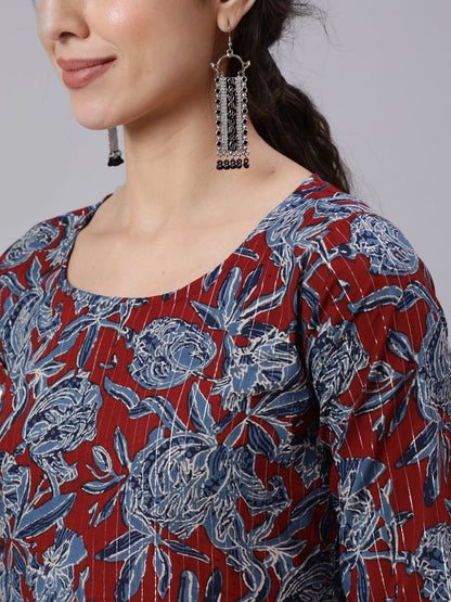 Women Maroon And Blue Floral Printed Straight Kurta And Palazzo With Palazzo | LASVINI - Redefining Indian Fashion with Elegance