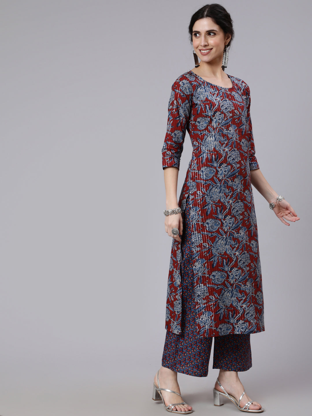 Women Maroon And Blue Floral Printed Straight Kurta And Palazzo With Palazzo | LASVINI - Redefining Indian Fashion with Elegance