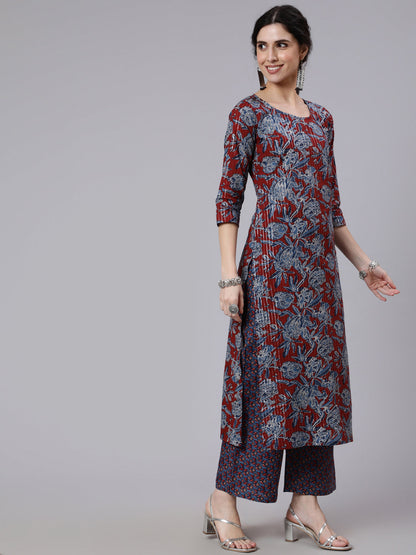 Women Maroon And Blue Floral Printed Straight Kurta And Palazzo With Palazzo | LASVINI - Redefining Indian Fashion with Elegance
