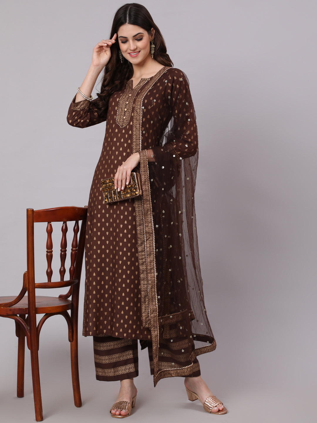 Women Choklet Brown Ethnic Kurta With Palazzo And Net Dupatta | LASVINI - Redefining Indian Fashion with Elegance