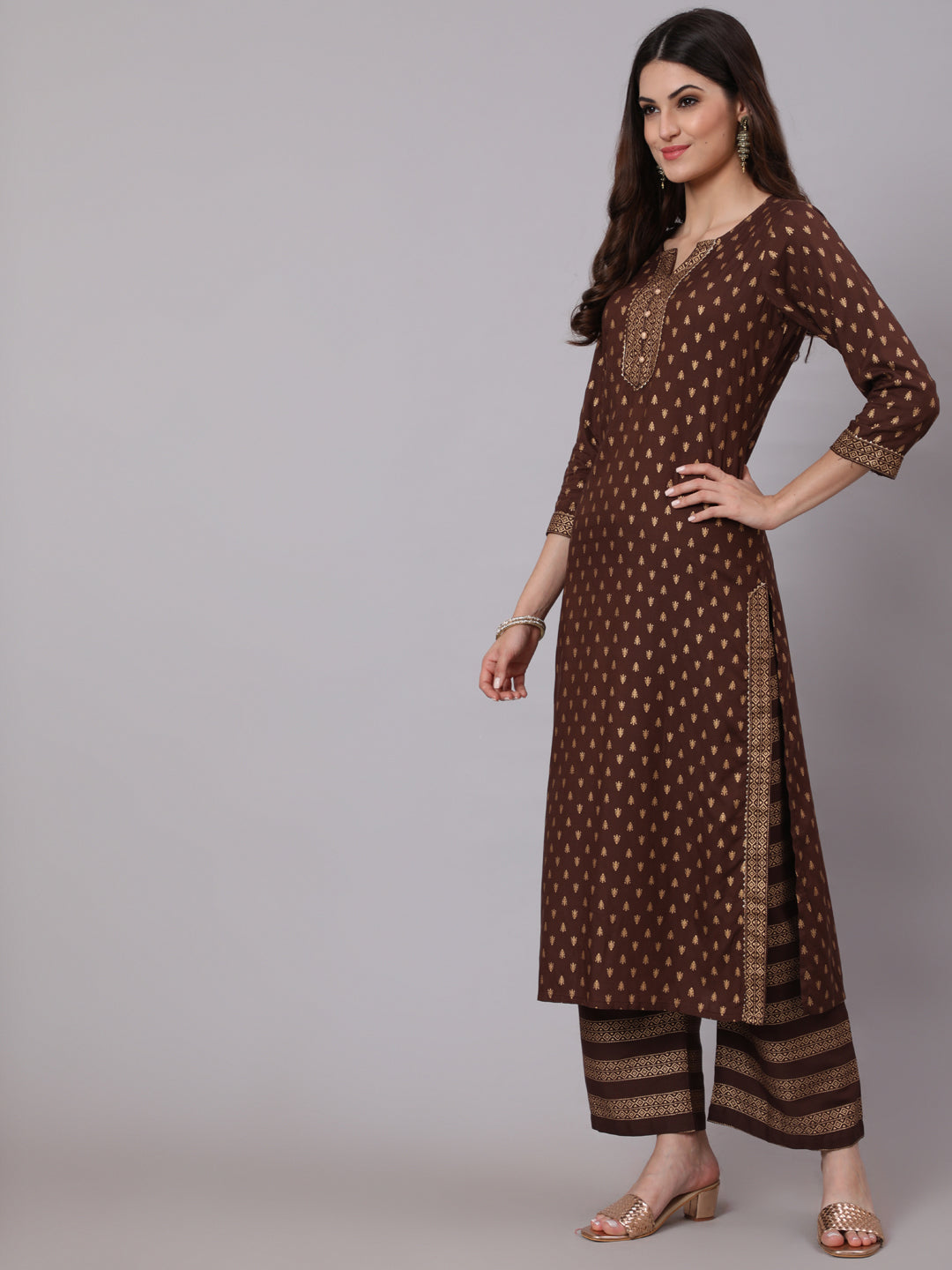 Women Choklet Brown Ethnic Kurta With Palazzo And Net Dupatta | LASVINI - Redefining Indian Fashion with Elegance