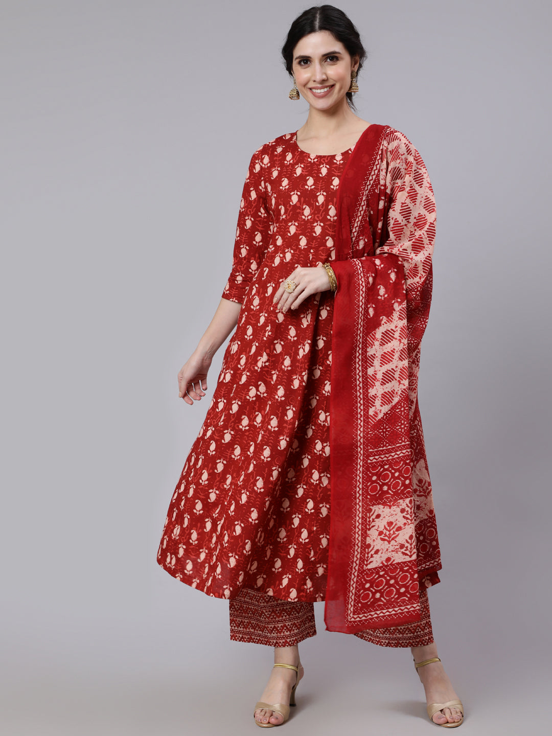 Women Rust Ethnic Printed Flared Kurta With Palazzo And Dupatta | LASVINI - Redefining Indian Fashion with Elegance