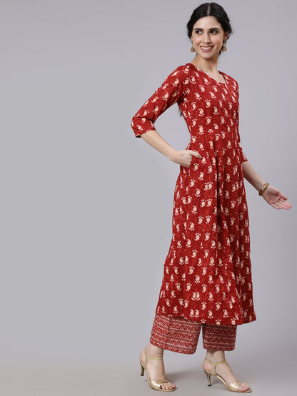 Women Rust Ethnic Printed Flared Kurta With Palazzo And Dupatta | LASVINI - Redefining Indian Fashion with Elegance