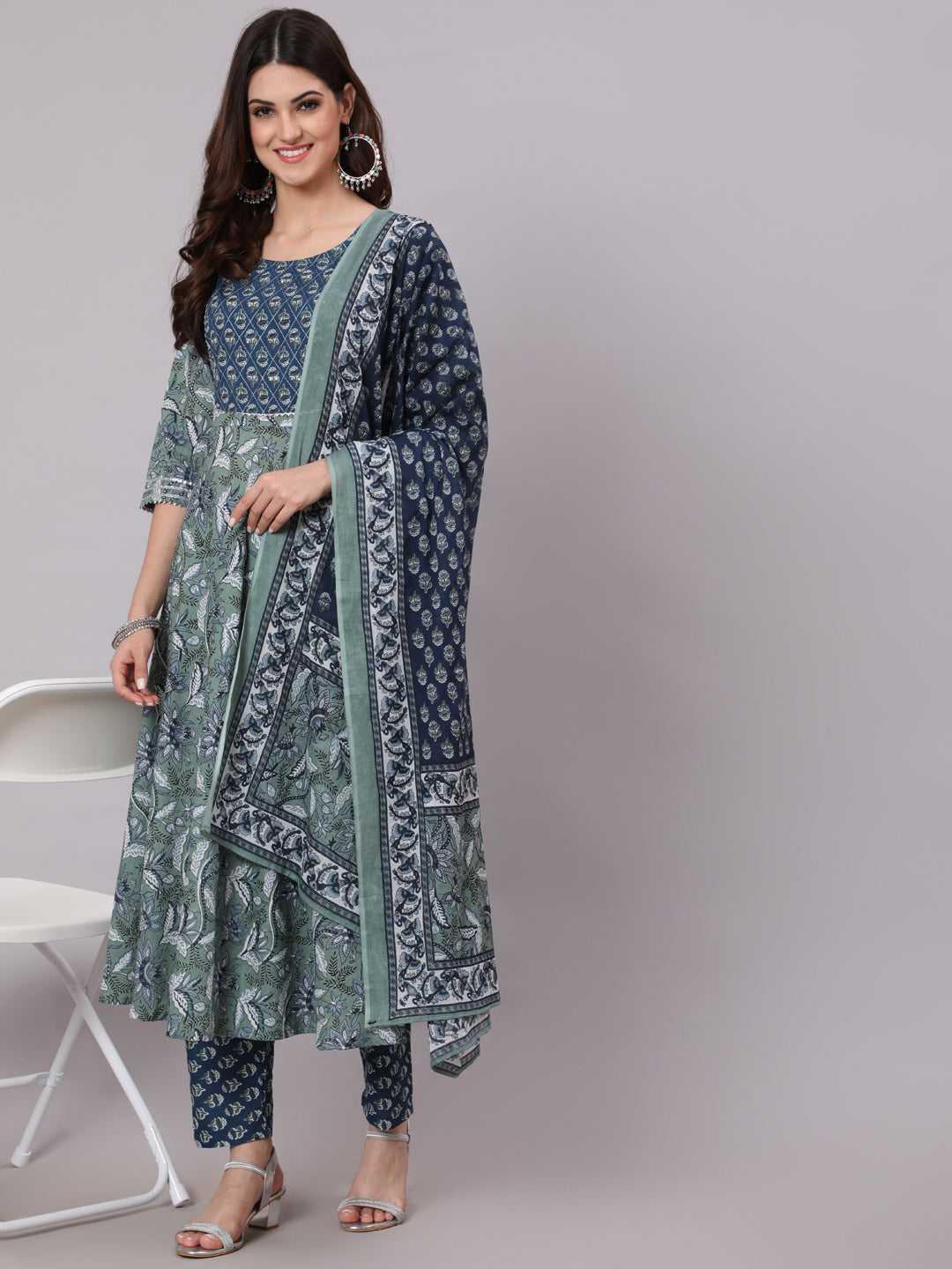 Women Green And Blue Printed Flared Kurta With Palazzo And Dupatta | LASVINI - Redefining Indian Fashion with Elegance