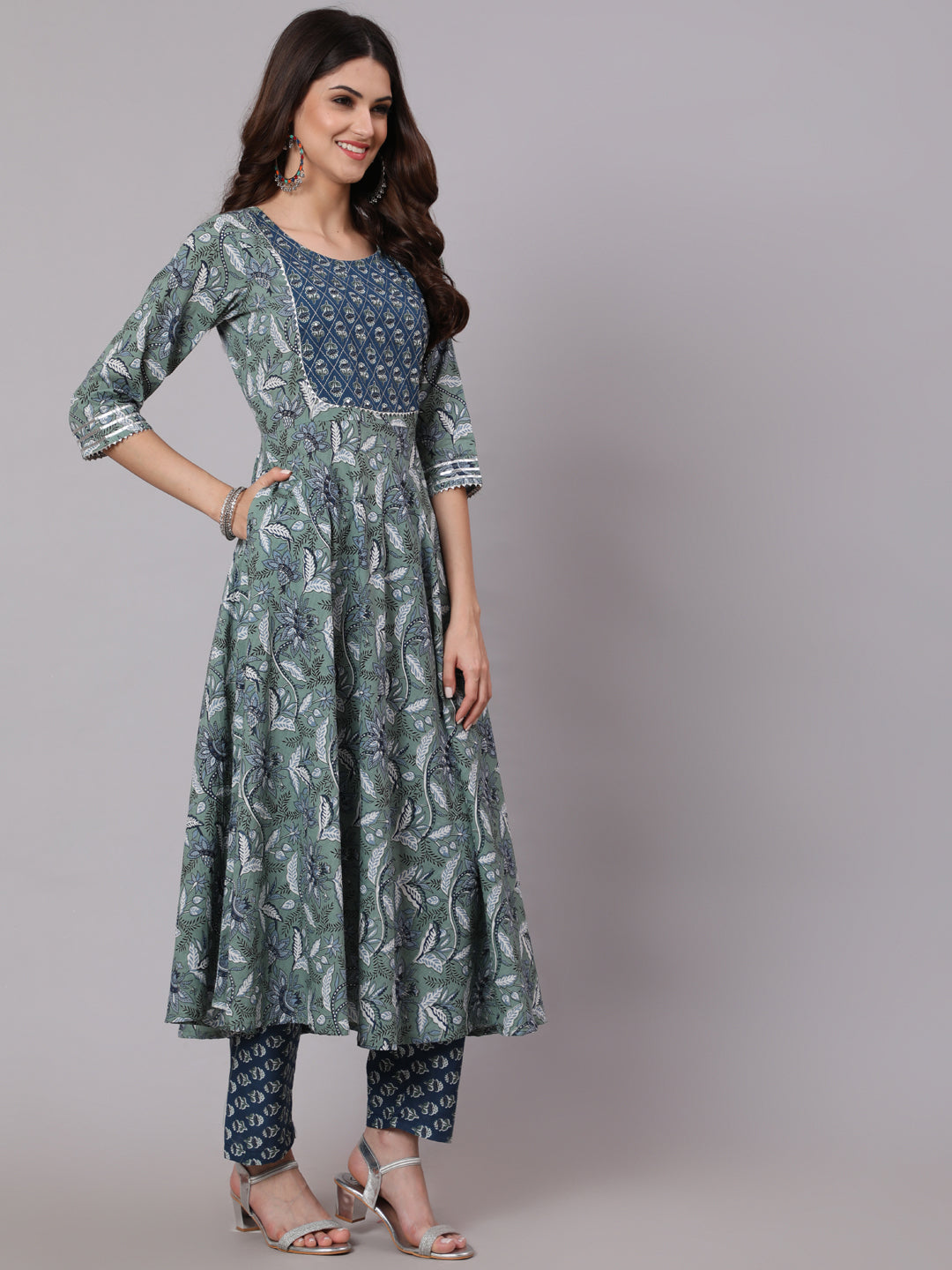 Women Green And Blue Printed Flared Kurta With Palazzo And Dupatta | LASVINI - Redefining Indian Fashion with Elegance