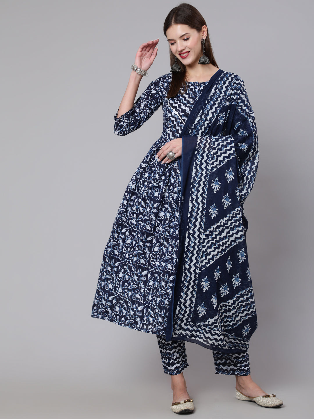 Women Navy Blue Printed Flared Kurta With Trouser And Dupatta | LASVINI - Redefining Indian Fashion with Elegance