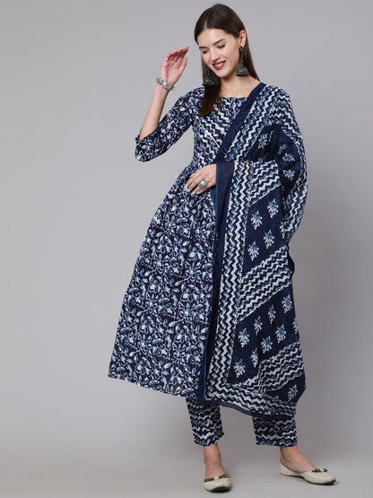 Women Navy Blue Printed Flared Kurta With Trouser And Dupatta | LASVINI - Redefining Indian Fashion with Elegance