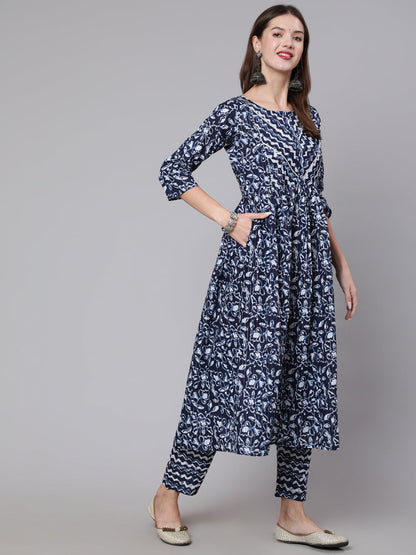 Women Navy Blue Printed Flared Kurta With Trouser And Dupatta | LASVINI - Redefining Indian Fashion with Elegance