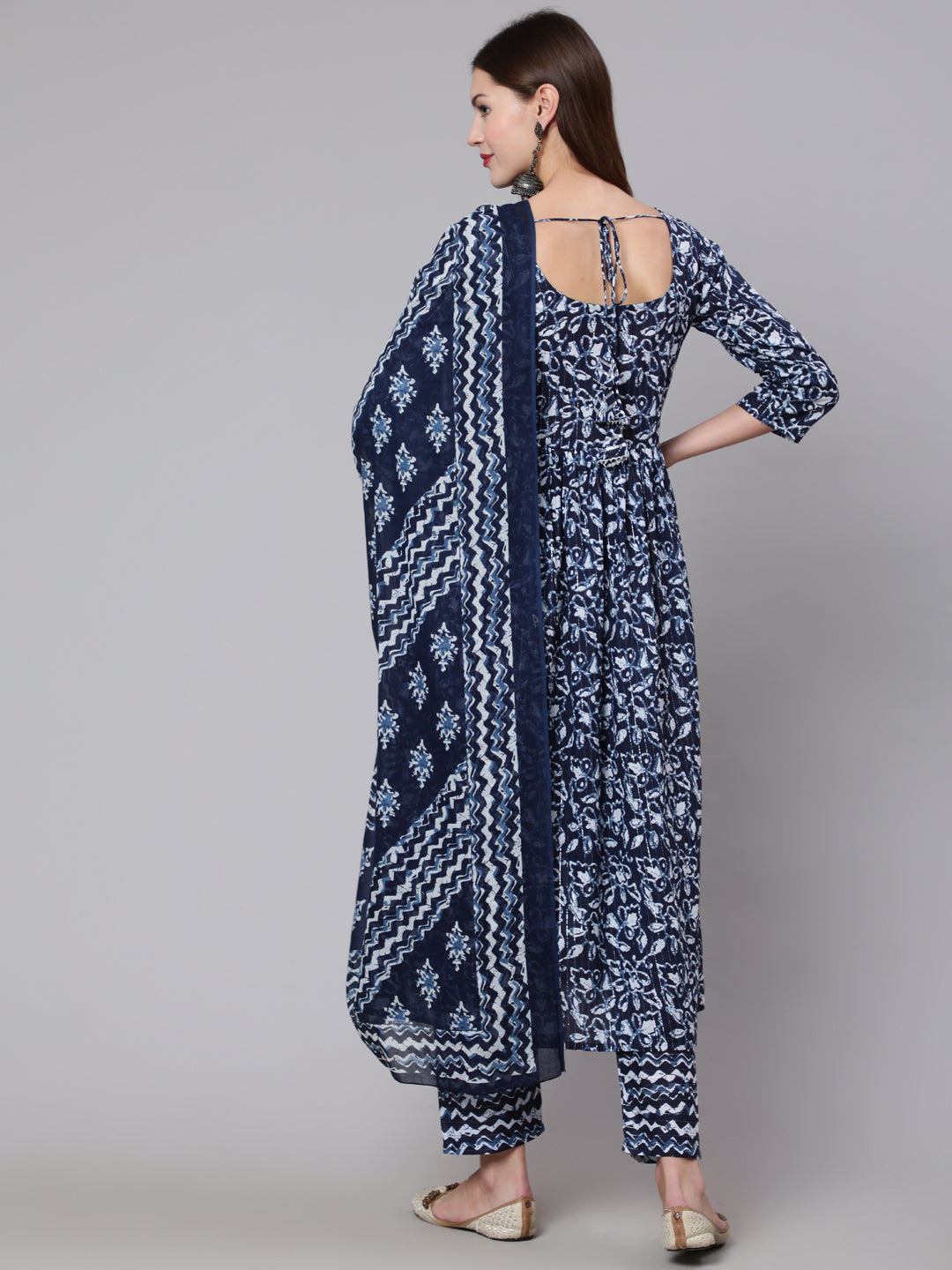 Women Navy Blue Printed Flared Kurta With Trouser And Dupatta | LASVINI - Redefining Indian Fashion with Elegance
