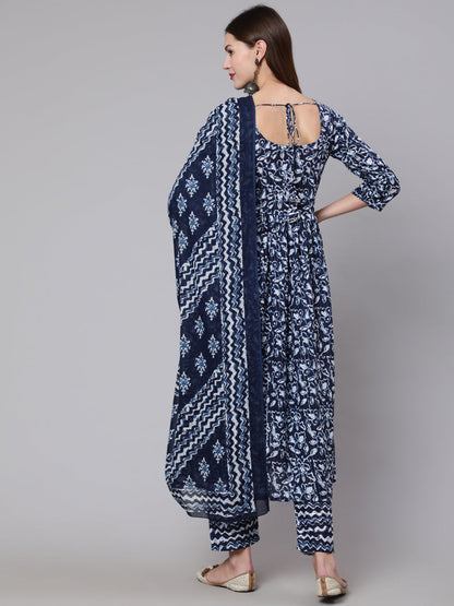 Women Navy Blue Printed Flared Kurta With Trouser And Dupatta | LASVINI - Redefining Indian Fashion with Elegance