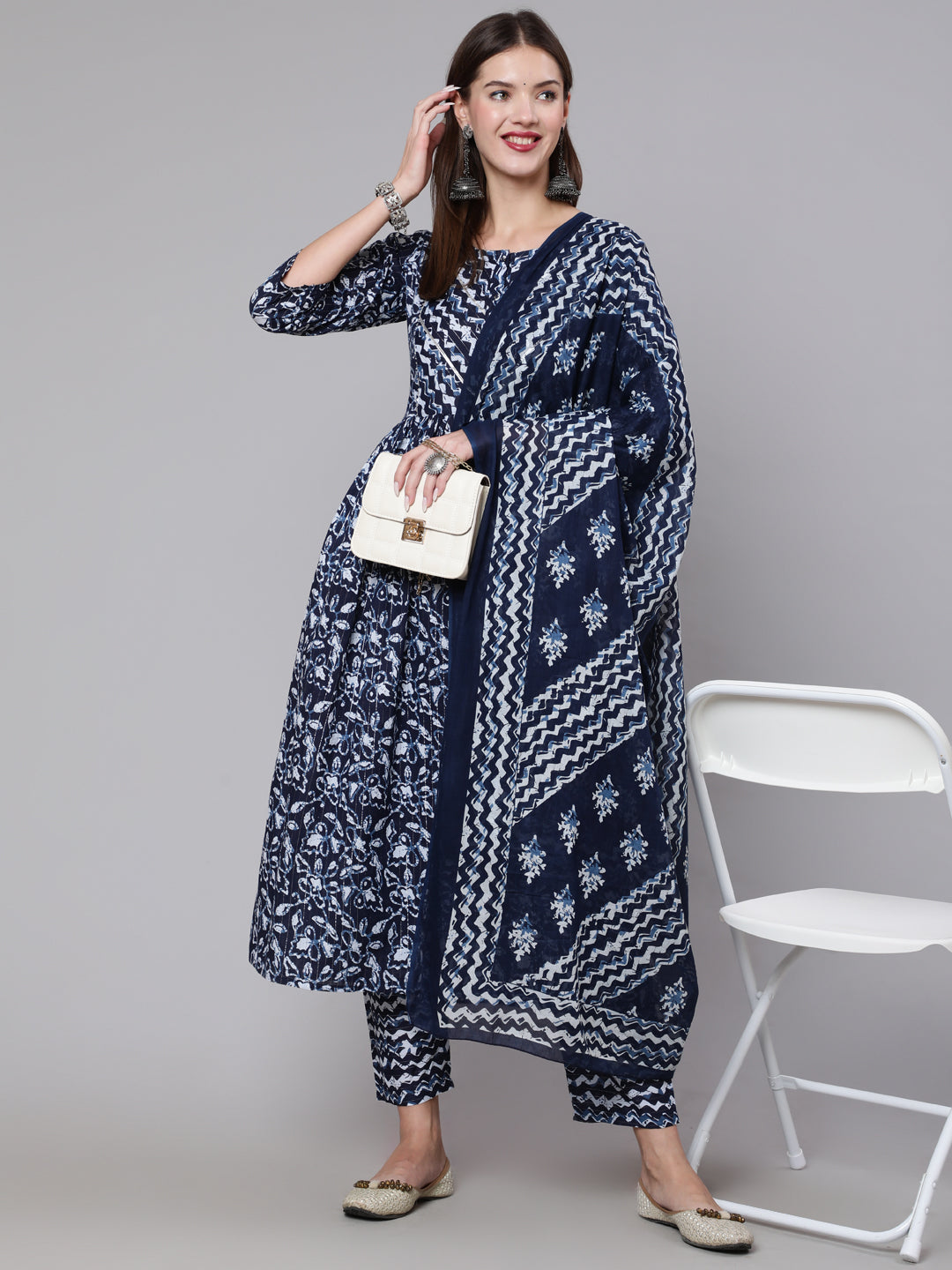 Women Navy Blue Printed Flared Kurta With Trouser And Dupatta | LASVINI - Redefining Indian Fashion with Elegance