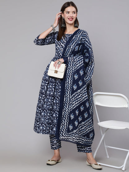 Women Navy Blue Printed Flared Kurta With Trouser And Dupatta | LASVINI - Redefining Indian Fashion with Elegance