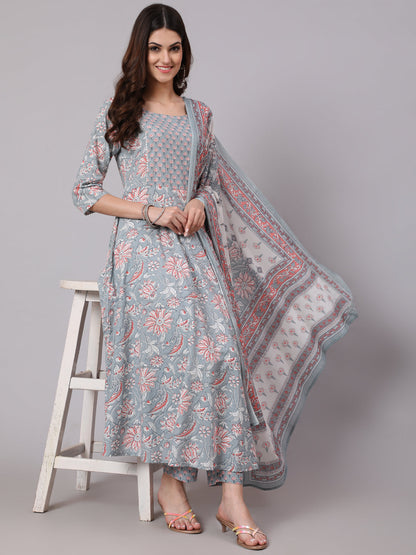 Women Grey Printed Flared Kurta With Trouser With Dupatta | LASVINI - Redefining Indian Fashion with Elegance
