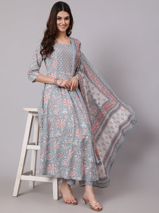 Women Grey Printed Flared Kurta With Trouser With Dupatta | LASVINI - Redefining Indian Fashion with Elegance