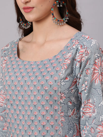 Women Grey Printed Flared Kurta With Trouser With Dupatta | LASVINI - Redefining Indian Fashion with Elegance