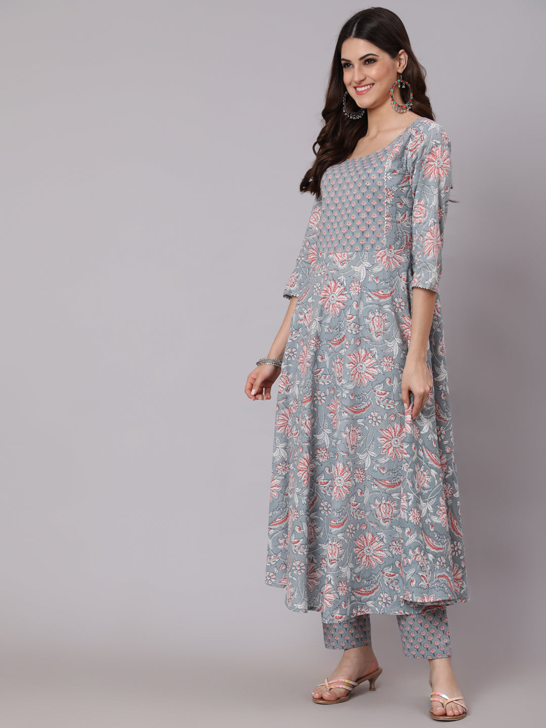 Women Grey Printed Flared Kurta With Trouser With Dupatta | LASVINI - Redefining Indian Fashion with Elegance