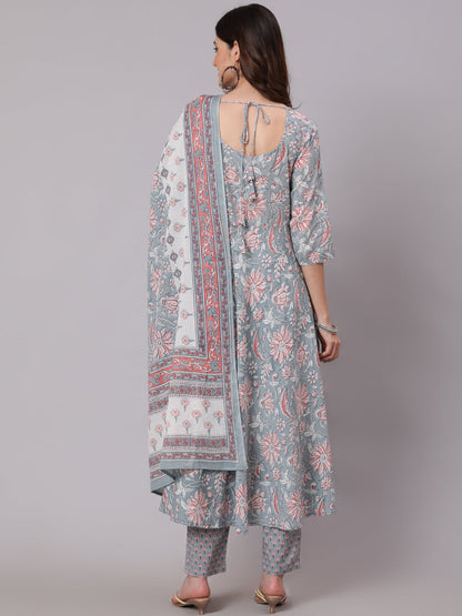 Women Grey Printed Flared Kurta With Trouser With Dupatta | LASVINI - Redefining Indian Fashion with Elegance
