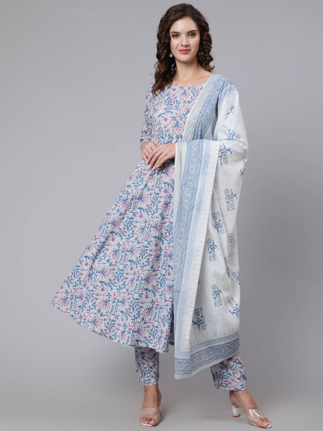 Women Grey Floral Printed Flared Kurta With Trouser And Dupatta | LASVINI - Redefining Indian Fashion with Elegance