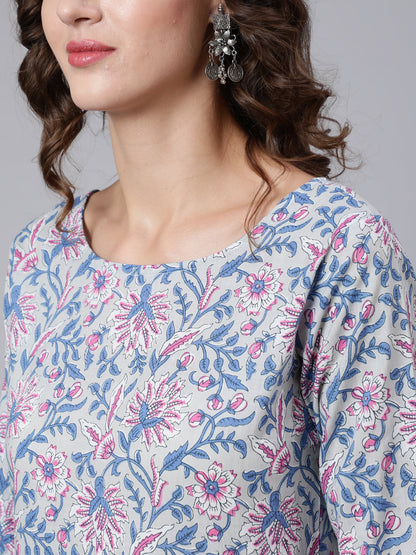 Women Grey Floral Printed Flared Kurta With Trouser And Dupatta | LASVINI - Redefining Indian Fashion with Elegance