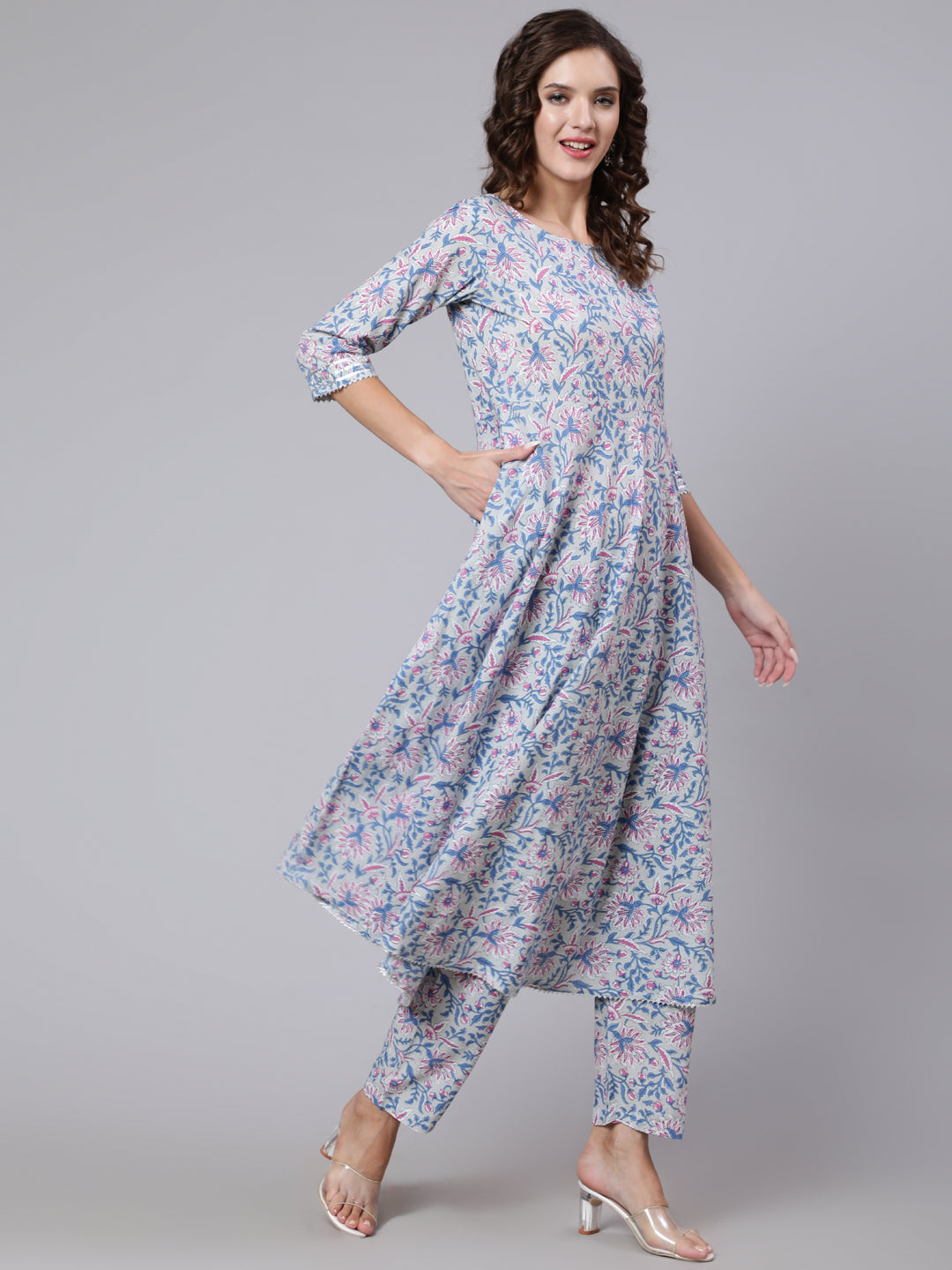 Women Grey Floral Printed Flared Kurta With Trouser And Dupatta | LASVINI - Redefining Indian Fashion with Elegance