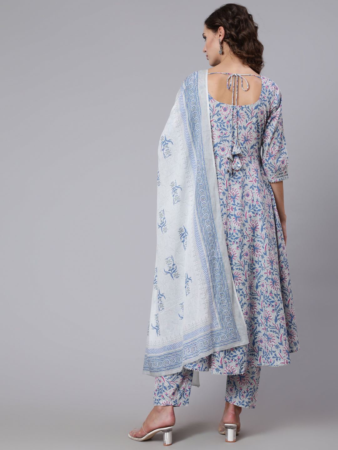 Women Grey Floral Printed Flared Kurta With Trouser And Dupatta | LASVINI - Redefining Indian Fashion with Elegance