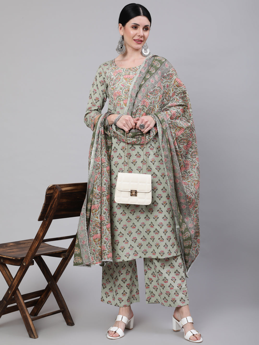Women Green Printed Straight Kurta With Palazzo & Dupatta | LASVINI - Redefining Indian Fashion with Elegance