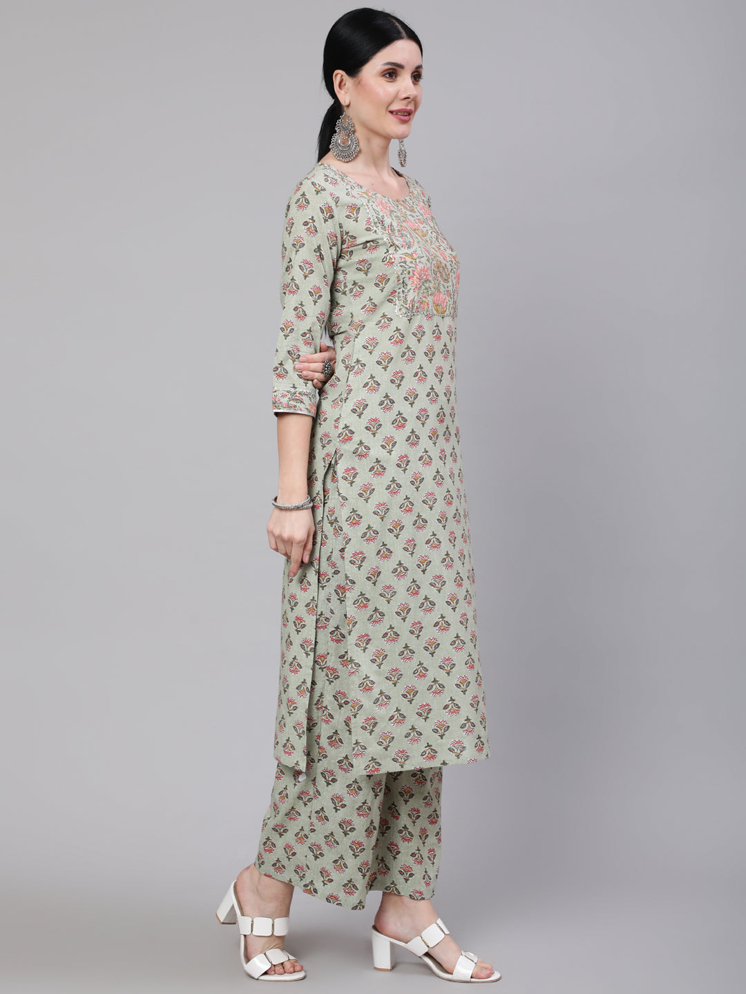 Women Green Printed Straight Kurta With Palazzo & Dupatta | LASVINI - Redefining Indian Fashion with Elegance