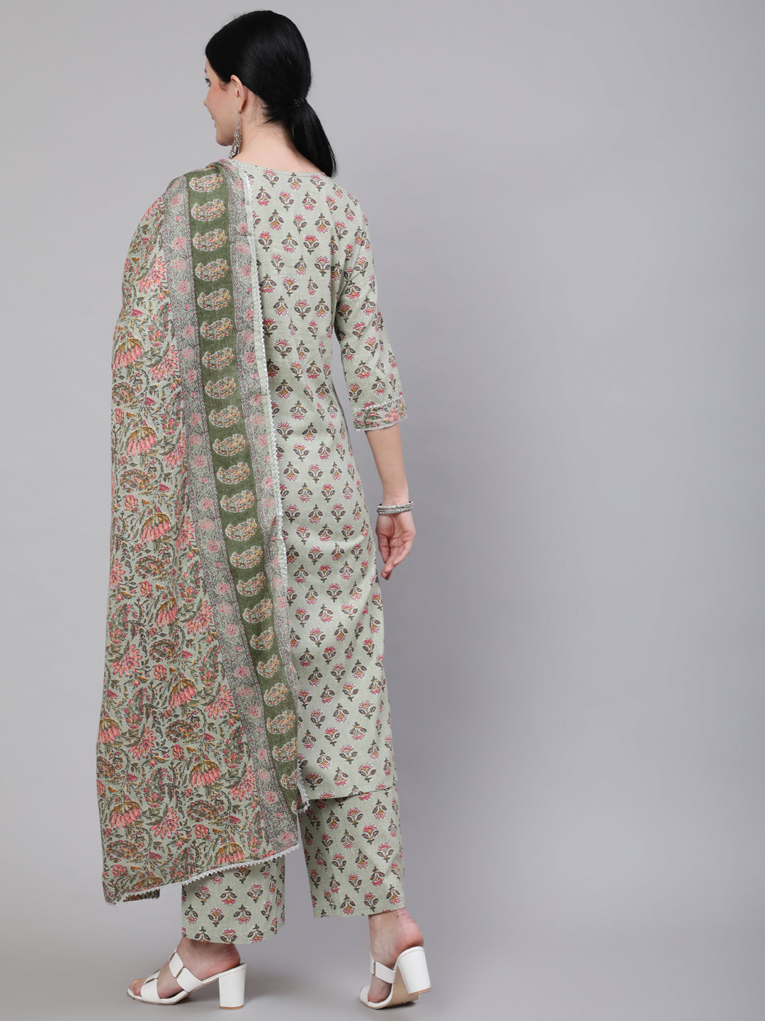 Women Green Printed Straight Kurta With Palazzo & Dupatta | LASVINI - Redefining Indian Fashion with Elegance