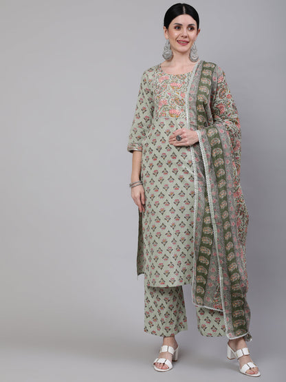 Women Green Printed Straight Kurta With Palazzo & Dupatta | LASVINI - Redefining Indian Fashion with Elegance
