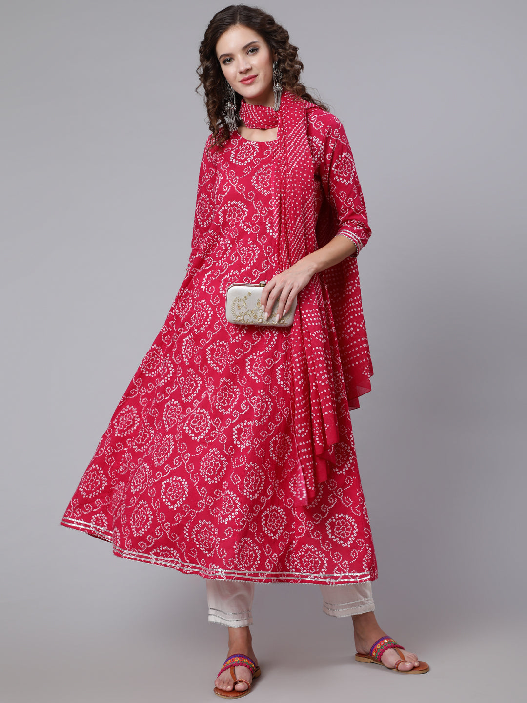 Women Pink Bandhini Printed Flared Kurta With Trouser With Dupatta | LASVINI - Redefining Indian Fashion with Elegance