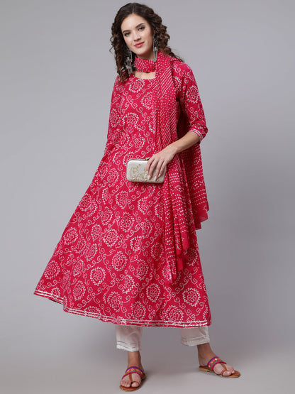 Women Pink Bandhini Printed Flared Kurta With Trouser With Dupatta | LASVINI - Redefining Indian Fashion with Elegance