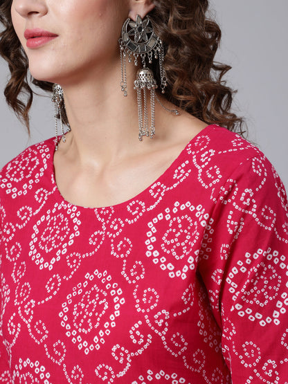 Women Pink Bandhini Printed Flared Kurta With Trouser With Dupatta | LASVINI - Redefining Indian Fashion with Elegance