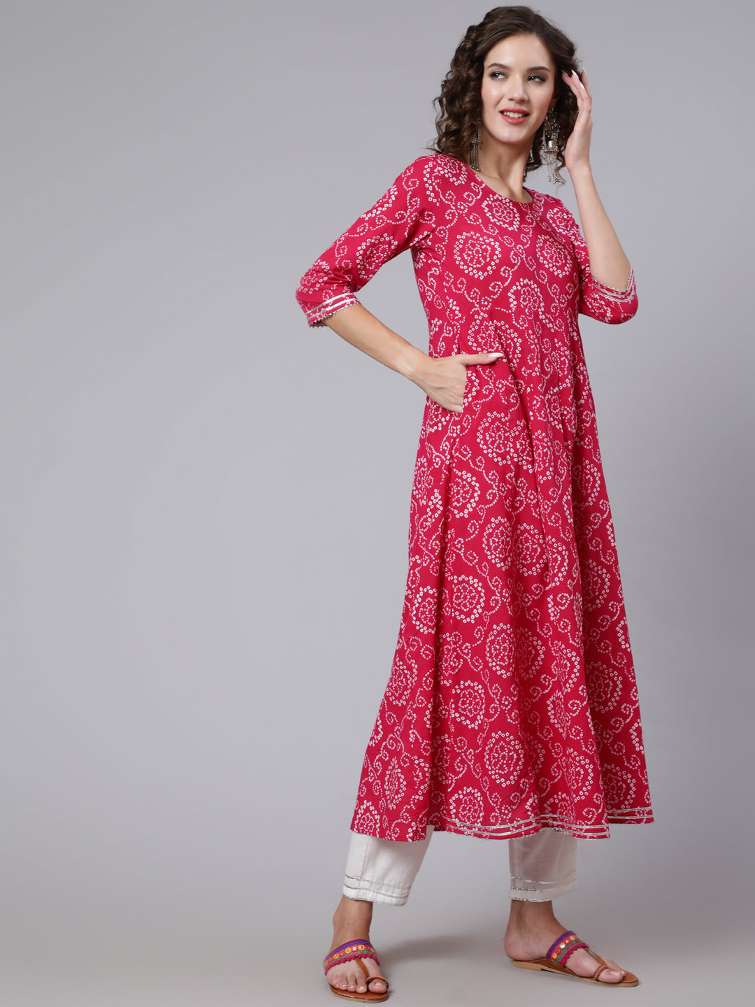 Women Pink Bandhini Printed Flared Kurta With Trouser With Dupatta | LASVINI - Redefining Indian Fashion with Elegance