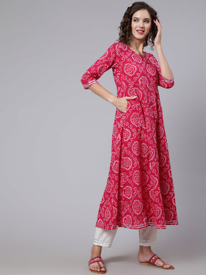 Women Pink Bandhini Printed Flared Kurta With Trouser With Dupatta | LASVINI - Redefining Indian Fashion with Elegance