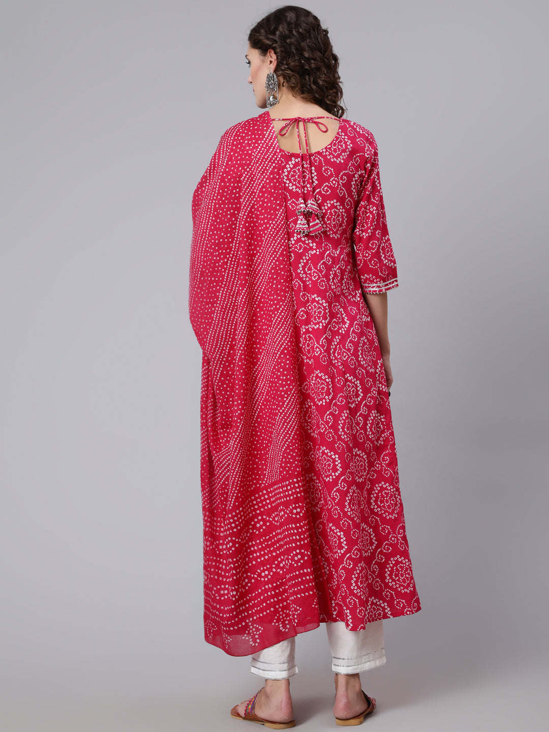 Women Pink Bandhini Printed Flared Kurta With Trouser With Dupatta | LASVINI - Redefining Indian Fashion with Elegance