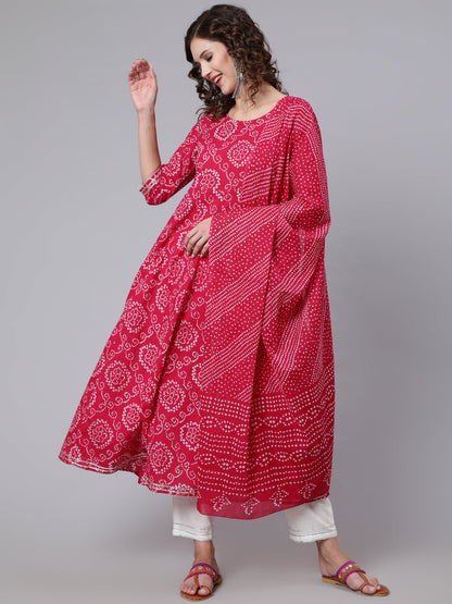 Women Pink Bandhini Printed Flared Kurta With Trouser With Dupatta | LASVINI - Redefining Indian Fashion with Elegance